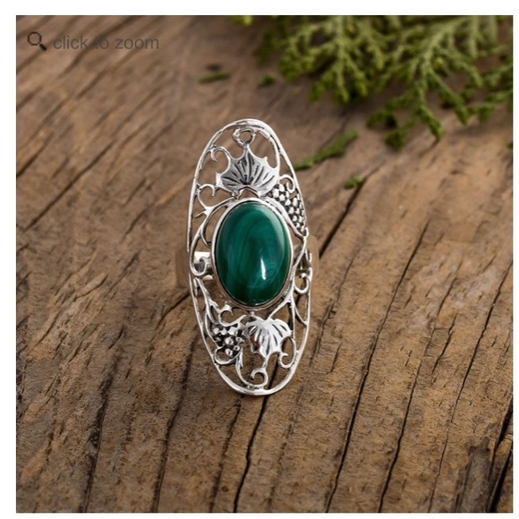 Natural Malachite Gem Stone Boho 925 Silver Ring 7 💍 Cottage Core Vintage Style - Picture 3 of 9